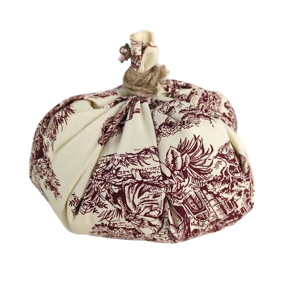 Folk Art Red Toile Fabric Stuffed Pumpkin 32" Around Farmhouse French Country - Picture 2 of 5